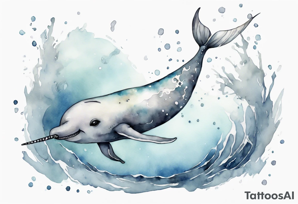 a melancholy watercolor painting of a realistic narwhal swimming in a grey ocean tattoo idea