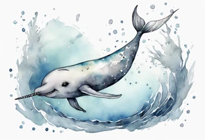 a melancholy watercolor painting of a realistic narwhal swimming in a grey ocean tattoo idea