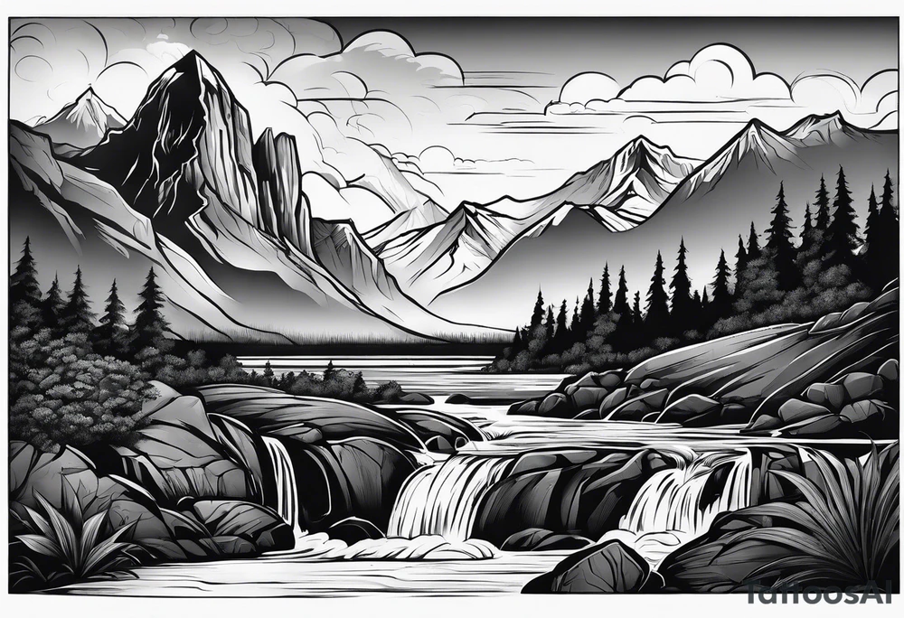 nature landscape with a waterfall and mountains tattoo idea