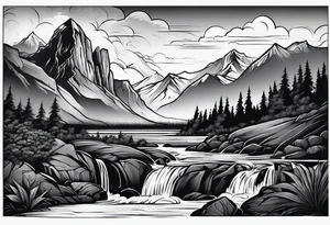 nature landscape with a waterfall and mountains tattoo idea