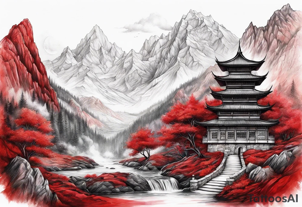red mountains which there are two fantasies castles. tattoo idea