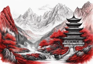 red mountains which there are two fantasies castles. tattoo idea