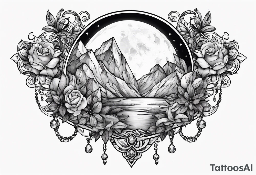 large crystals tied together with ribbon
moon surrounding tattoo idea