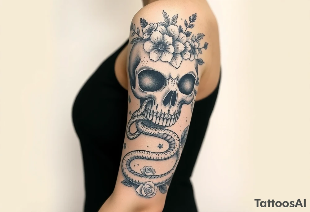 A half sleeve with Gothic pretty skull with heart shaped eyes surrounded by wildflowers and roses and a snake slithering through tattoo idea