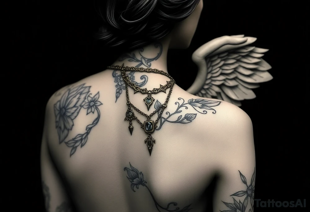 Create a statue of some angel, ruined with criminal corruption, tattoos, jewelry, gold necklaces. I would like this to be placed on the left arm. tattoo idea