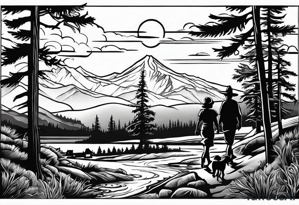 A shadow of a family of four walking through the Pacific northwest landscape. Faith centered and add Mexican culture .  Add border with importance of faith tattoo idea