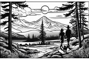 A shadow of a family of four walking through the Pacific northwest landscape. Faith centered and add Mexican culture .  Add border with importance of faith tattoo idea