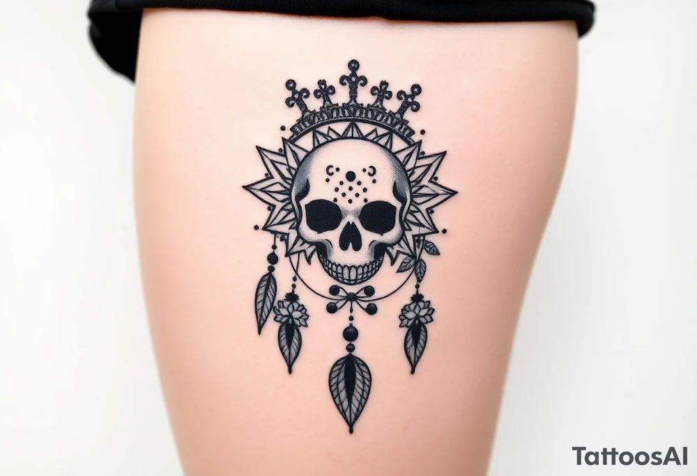 Mandala dream catcher lace with delicate skull and flowers wearing elegant crown tattoo idea