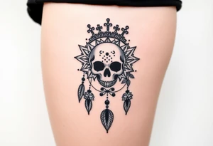 Mandala dream catcher lace with delicate skull and flowers wearing elegant crown tattoo idea