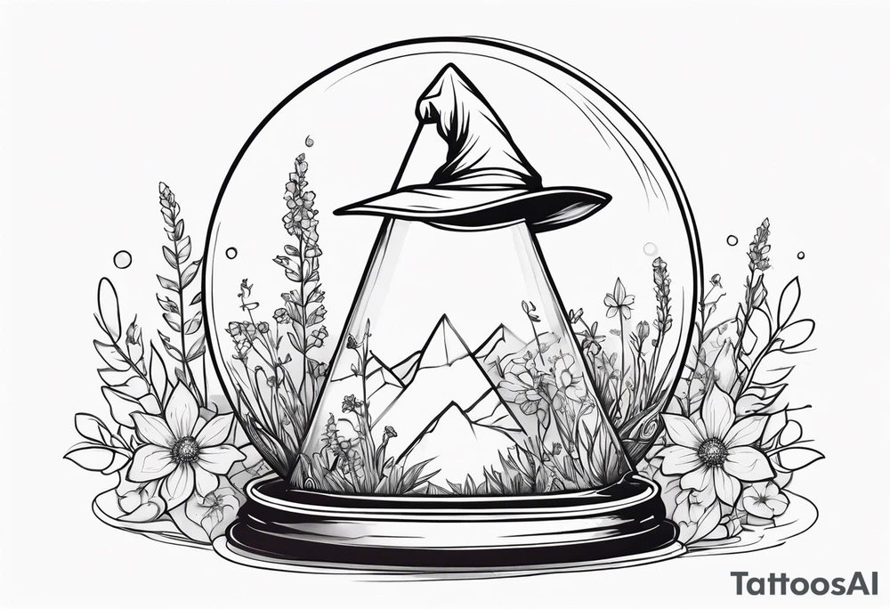 Witch hat balanced on top of a crystal ball sitting on wildflowers tattoo idea