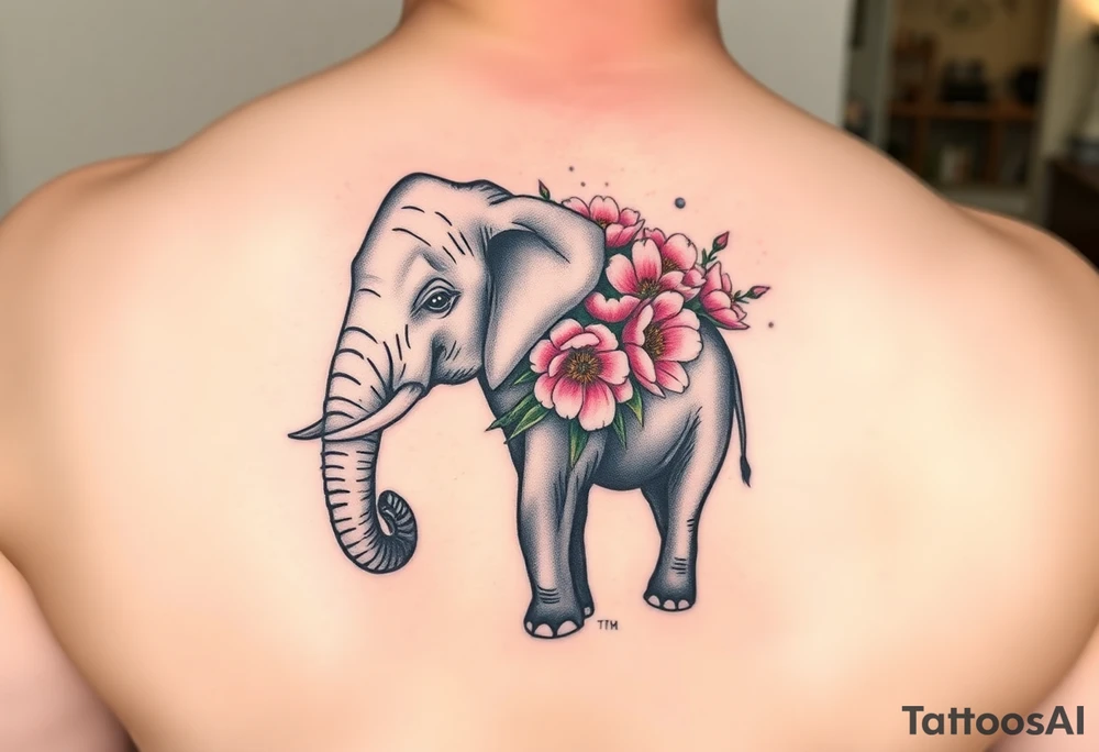 elephant holding a bouquet of small pink peonies tattoo idea
