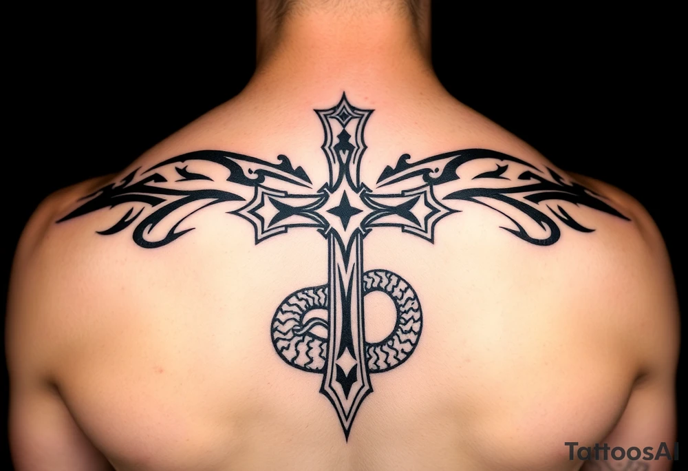A cross slaying the snake tattoo idea