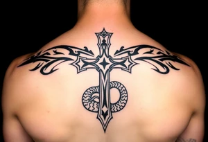 A cross slaying the snake tattoo idea