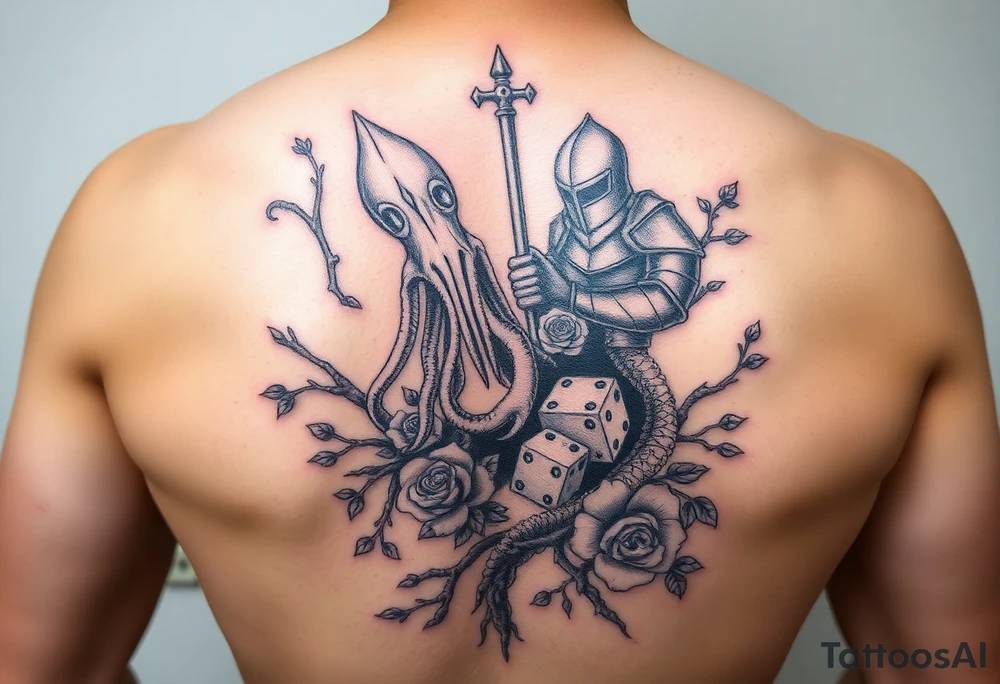 squid and knight combined with tree roots, cherry blossoms and roses rolling dice tattoo idea