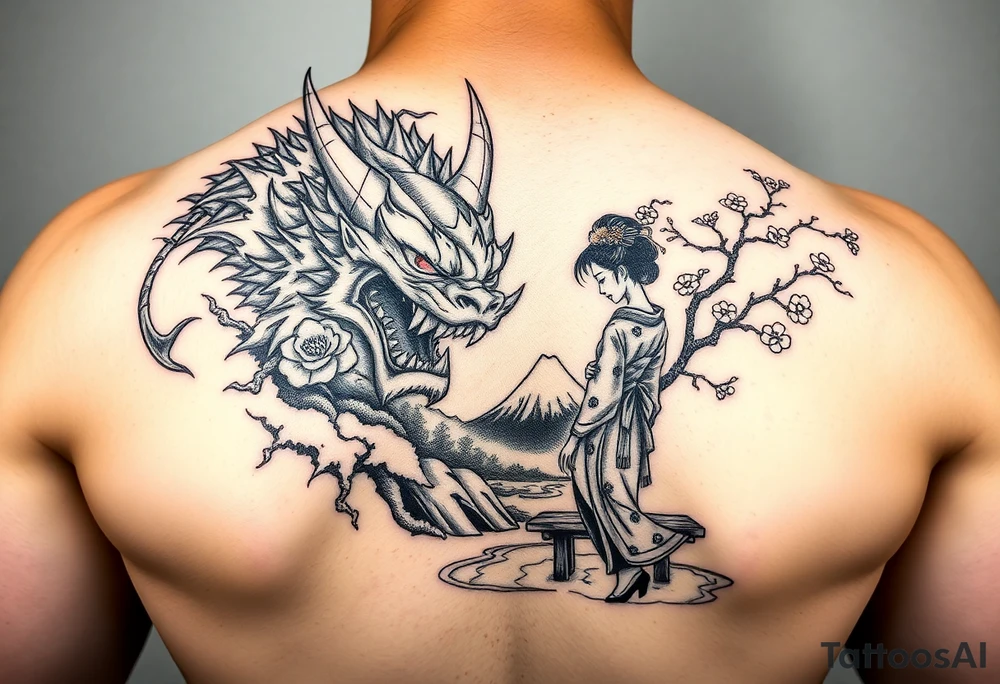 Mighty Fierce Japanese demon and strong courageous geisha with cherry blossom tree river and stone bench mt fuji tattoo idea