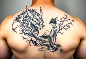Mighty Fierce Japanese demon and strong courageous geisha with cherry blossom tree river and stone bench mt fuji tattoo idea