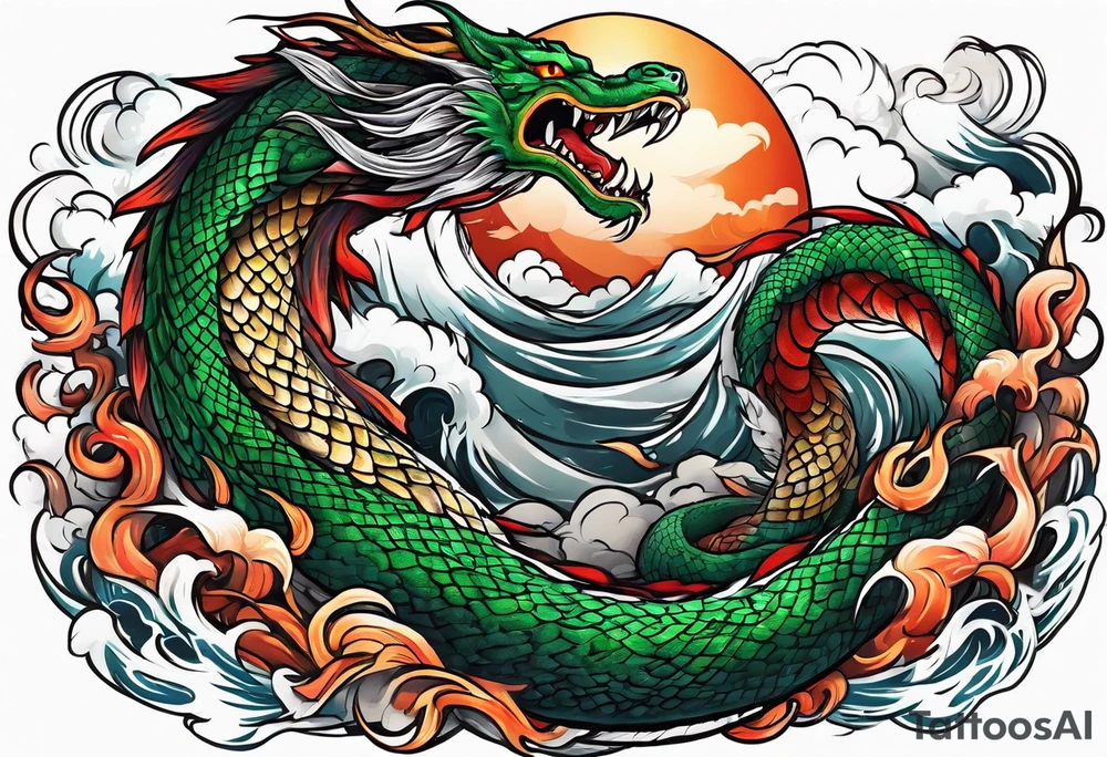 World serpent fighting in a typhoon tattoo idea