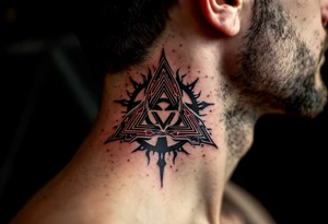 A bold tribal-style triquetra, filled with deep red and black patterns, creating a powerful and dynamic effect. tattoo idea