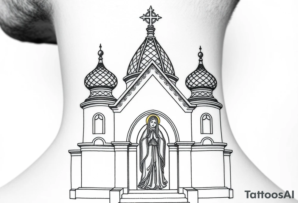 Flowing Scene

A onion domes orthodox church
Virgin Mary in prayer pose on the front doors of the russian orthodox church 
A small double headed russian coat of arms eagle or just the star tucked above the dome near the hairline tattoo idea