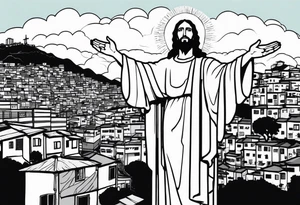 statue of jesus from Rio De Janeiro, below him as background there are favelas houses and above his hands as background is sky with slight clouds tattoo idea