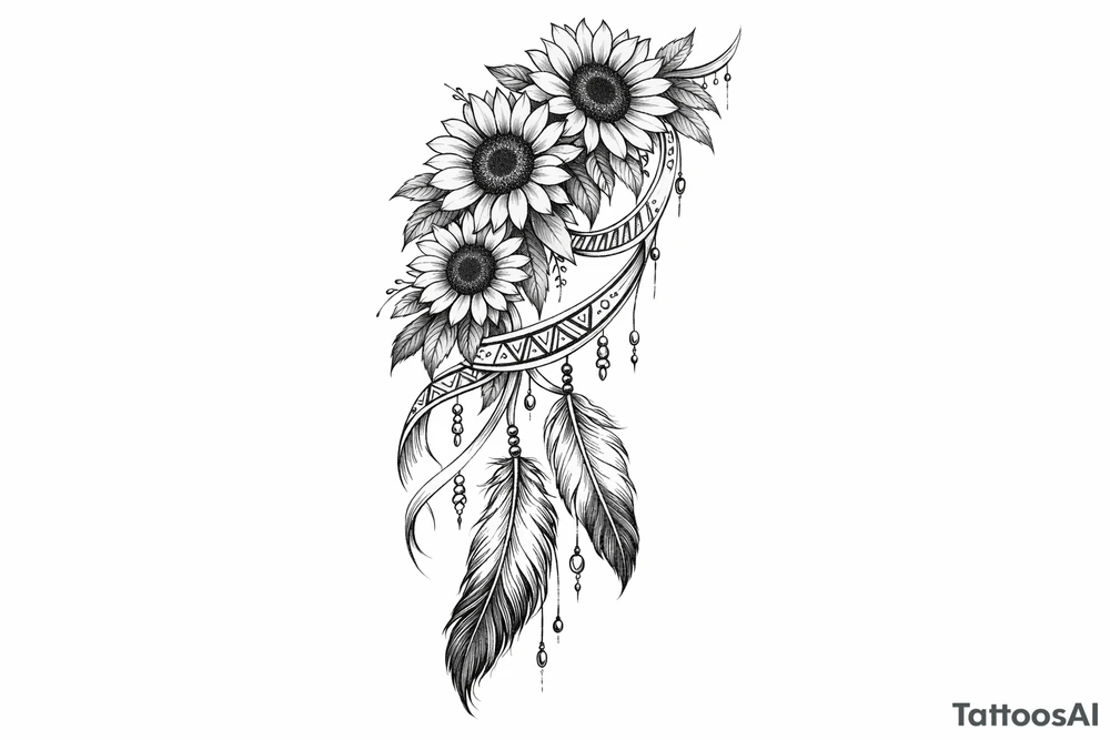 Cascading Sunflowers, Indian feathers and Indian ribbon tattoo idea
