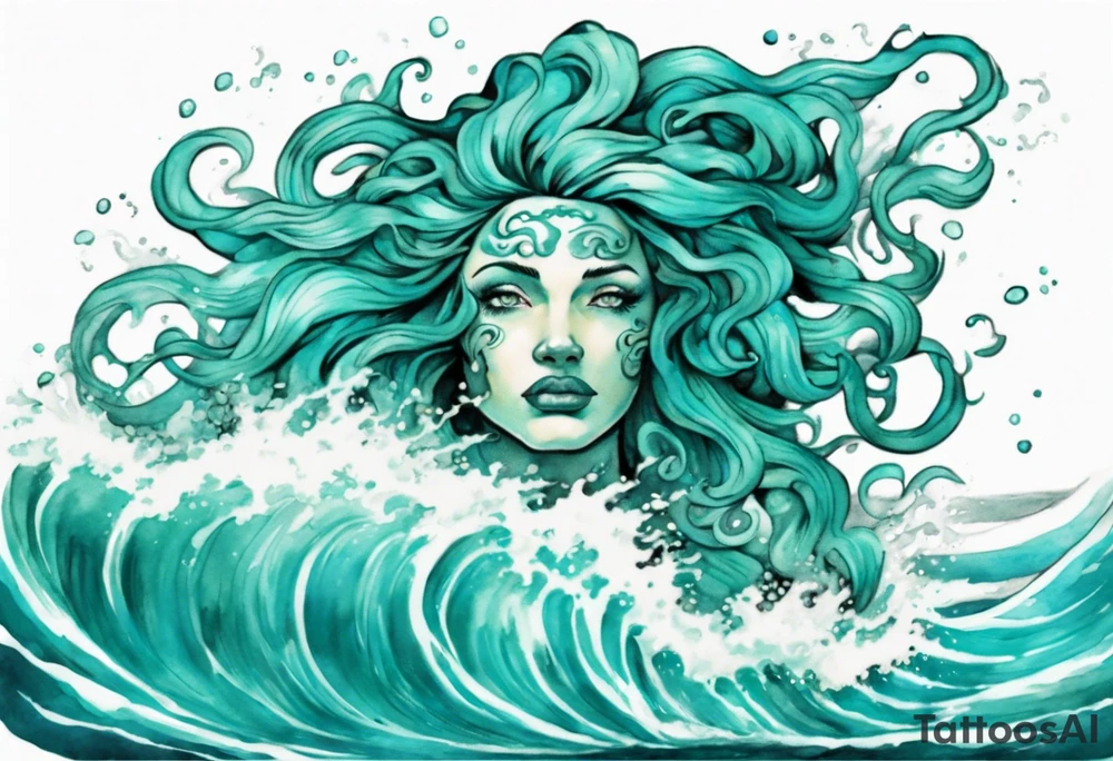 a beautiful turquoise gorgon emerging from an ocean wave, crashing onto the shore tattoo idea