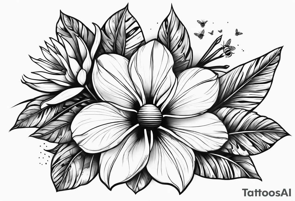 hawaiian flower and bee tattoo idea