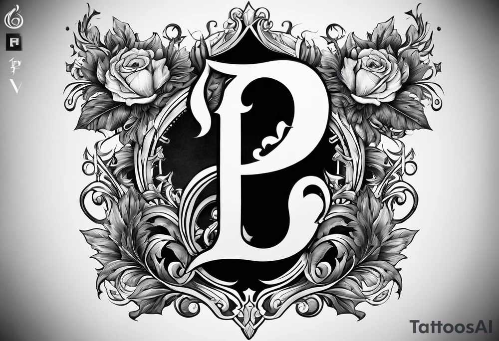 A backwards capital F next to a capital P with design elements around it. The left side should have elements of fire. The right side should have something that is fireproof or the opposite of fire. tattoo idea