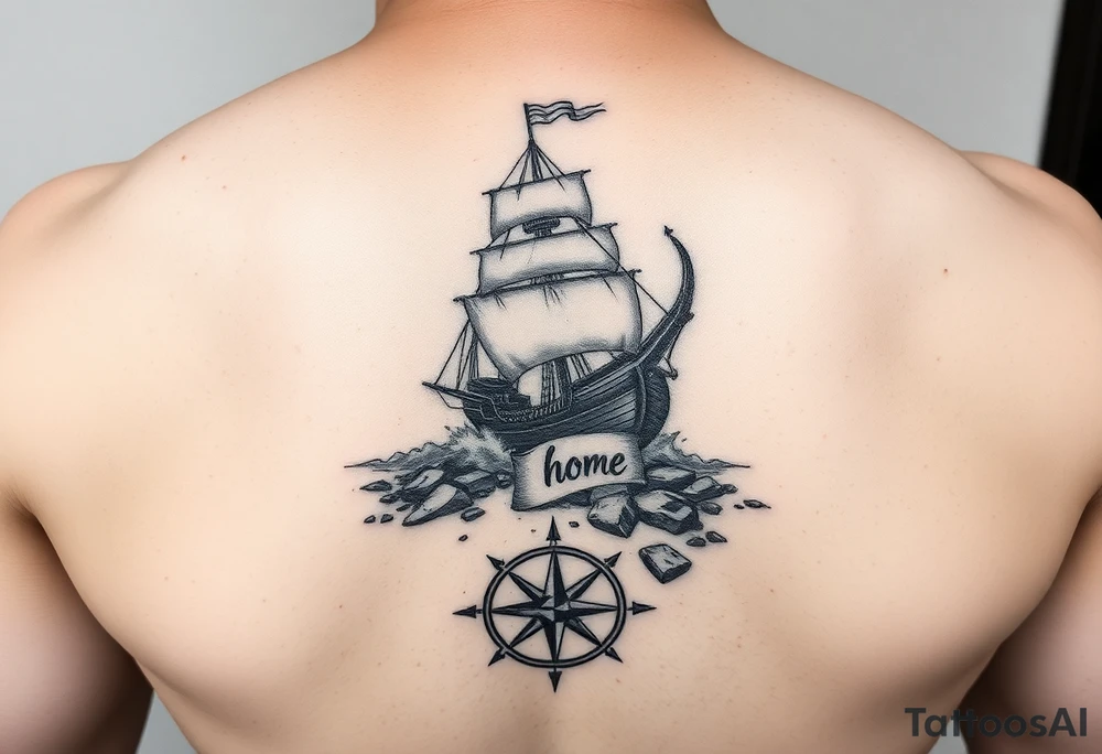 A tattered galleon ship sailing toward a stormy and rocky shore and a compass pointing home tattoo idea