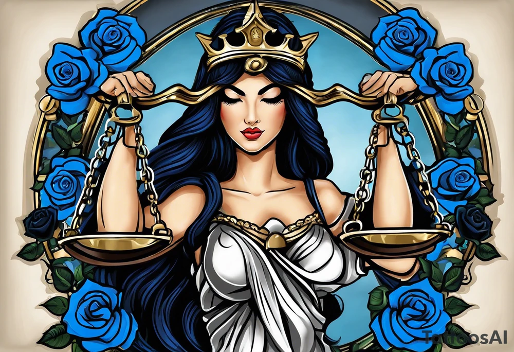 Lady Justice, 
Blindfold:
Scales: 
 Lady Justice is shown with black hair, which is a unique artistic choice compared to the more traditional representations. The scales, blindfold, and sword are all present, adhering to the classic iconography but with a modern and colorful twist. blue roses frames, background blue,present it in a tattoo tattoo idea