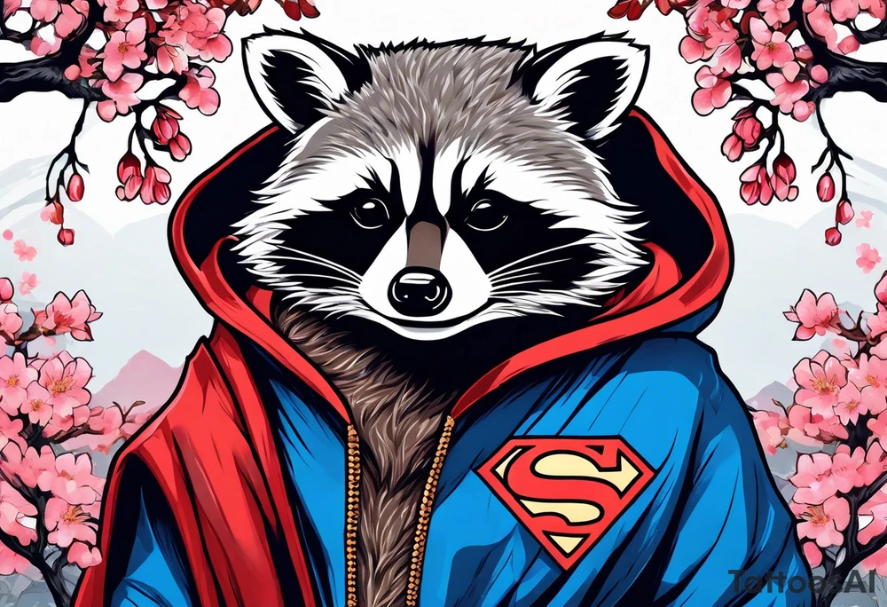 Raccoon wearing a Superman hoodie and Japanese cherry blossoms tattoo idea