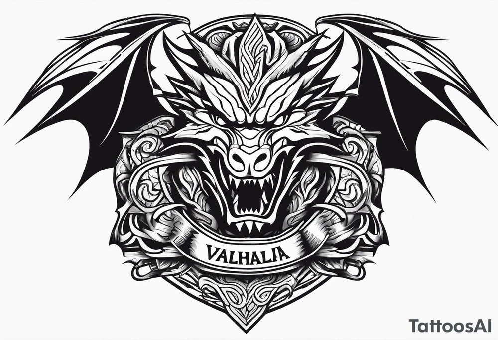 Valhalla sword shield dragon head muscle tattoo idea