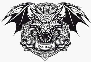 Valhalla sword shield dragon head muscle tattoo idea