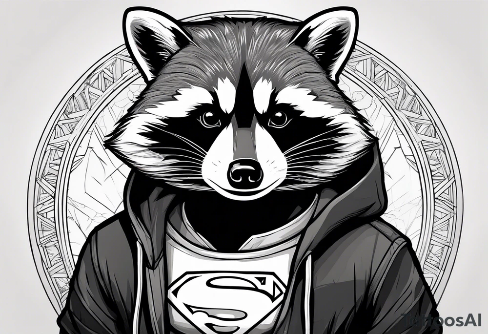 Raccoon wearing a white Superman logo on a black hoodie tattoo idea