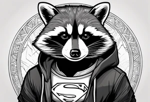 Raccoon wearing a white Superman logo on a black hoodie tattoo idea