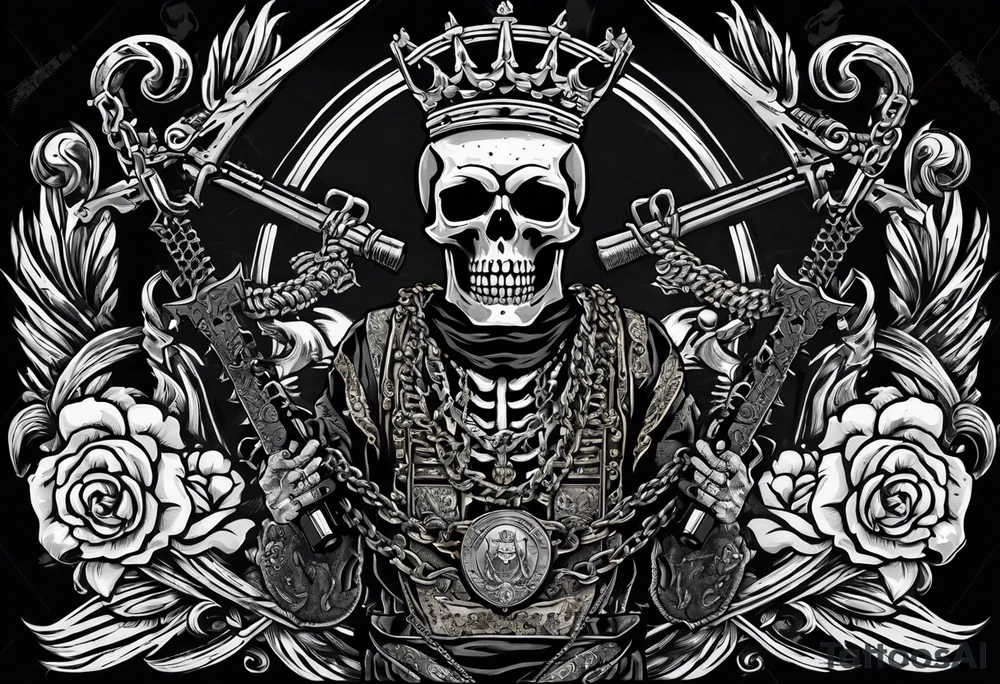 image of a skeleton standing frontally with a crown on his head, holding an AK-47 on his shoulder with his right hand. The chain on the left should be taut, there are three angry barking Dobermans in it, near the waist tattoo idea
