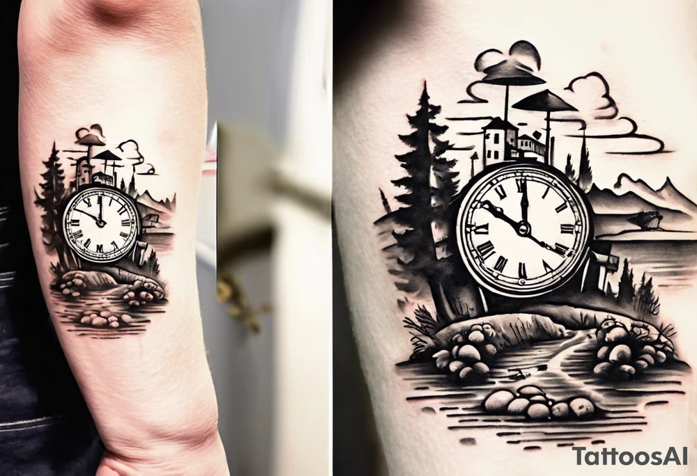 Le tattoo doit intégrer, un paysage montagneux, une horloge à 21h44.
Il faut aussi une pellicule de cinéma déroulée. Un vieux chapeau de l'armée italienne. des petits champignons au bord d'une rivière. tattoo idea