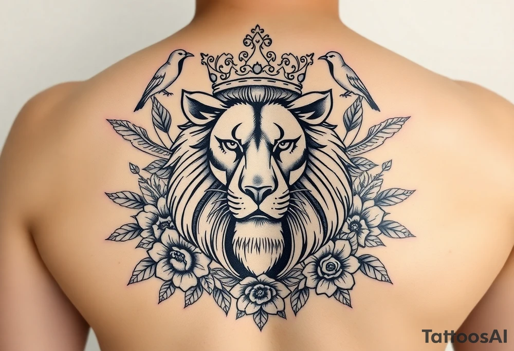 powerful majestic lion with a crown, surrounded by floral ornaments and birds tattoo idea