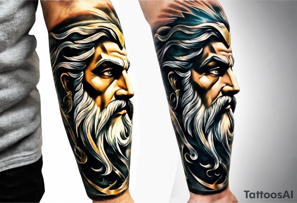 Full left arm tattoo sleeve with the Greek gods, Zeus, Poseidon and Hades. Zeus' face with a lightning bolt coming out of one eye is at the left shoulder, Poseidon's  face with a trident as one of his eyes is at the left upper arm and Hades' face with 
a bident as one of his eyes is at the left forearm. tattoo idea