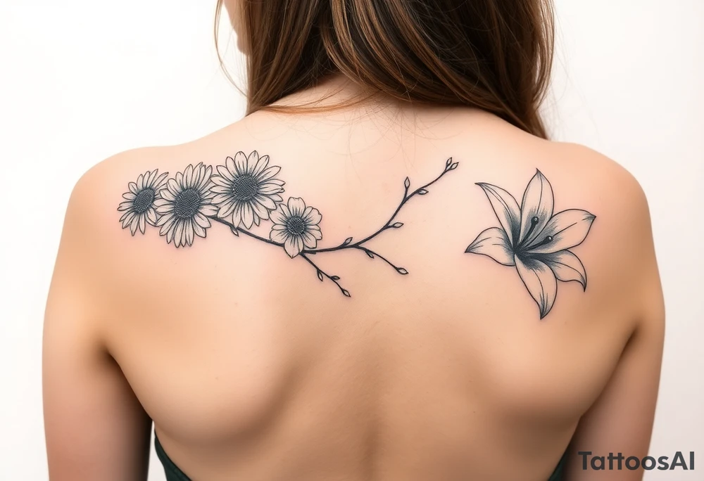 This tattoo is on a woman. It is a line of flowers connected by a single stem. It starts on her left pectoral with a Glaiolus and Daisy together, then the tatoo rises over the left shoulder and down the arm and ends at the elbow. The tattoo will include a primrose, Calla Lily, and a Lilly. It will be light on color except in the petals and has light shading to make it pop. tattoo idea