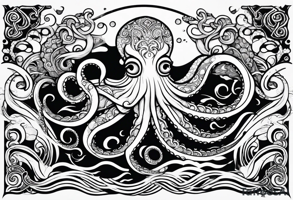 Tribal half sleeve octopus with fish and water waves around it tattoo idea
