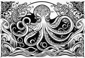 Tribal half sleeve octopus with fish and water waves around it tattoo idea