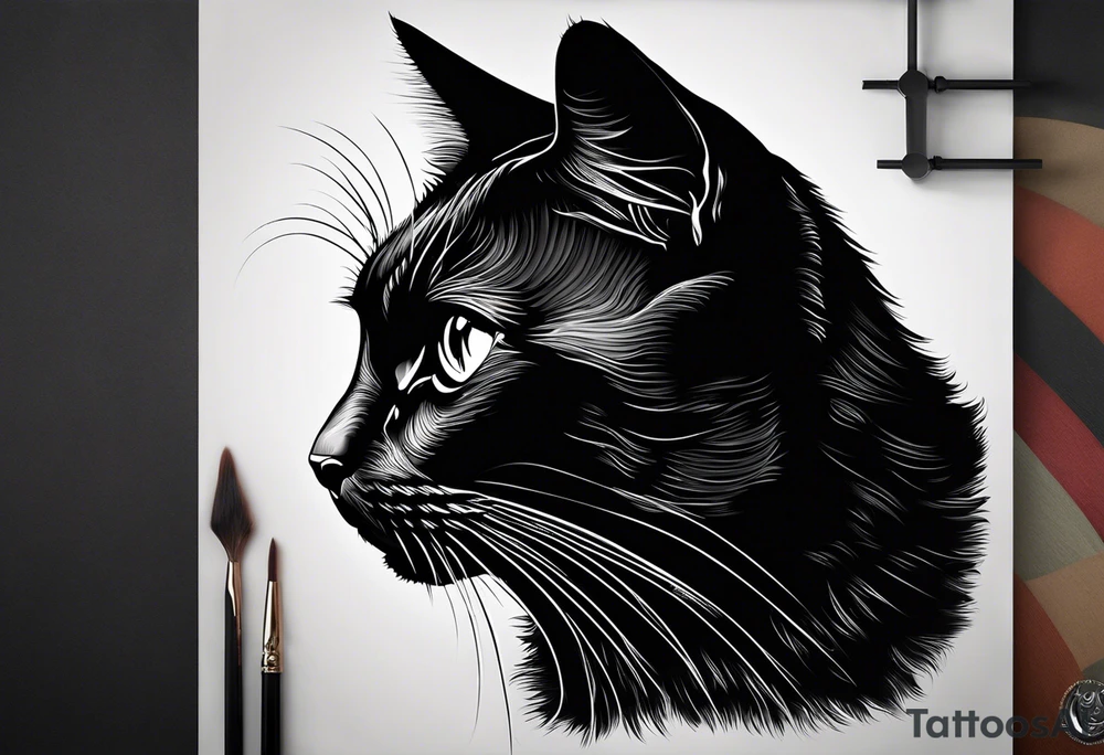 Photo realistic black cat head only facing forward add moon tattoo idea