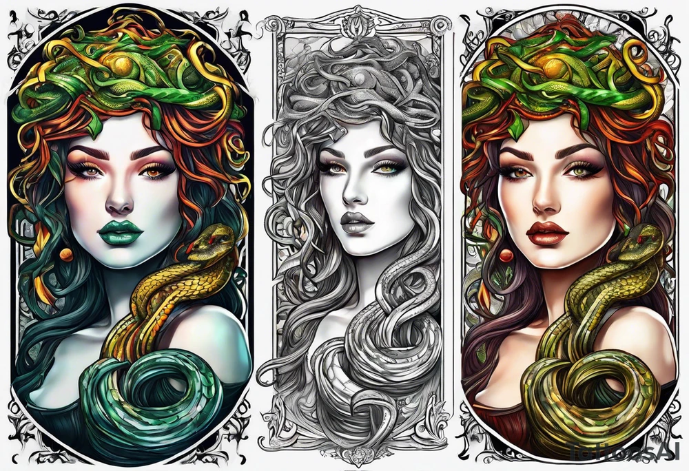 Medusa, before and after she had snakes for hair in the form of tarot cards tattoo idea