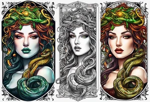 Medusa, before and after she had snakes for hair in the form of tarot cards tattoo idea