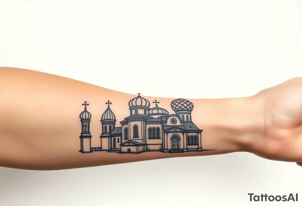 highly detailed Russian Orthodox cathedral sitting on fore arm with onion domes and orthodox crosses, done in fine line, engraving-like style. Cohesive composition, black ink only, no color, high contrast, slightly aged, documentary-style, plain light background. with clouds above it and a virgin mary over looking tattoo idea