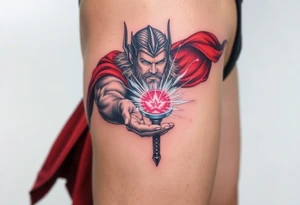 Thor’s red cape flowing in the wind, with Mjölnir spinning above his open palm, creating a vortex of energy, in cinematic full color with glowing white streaks. tattoo idea