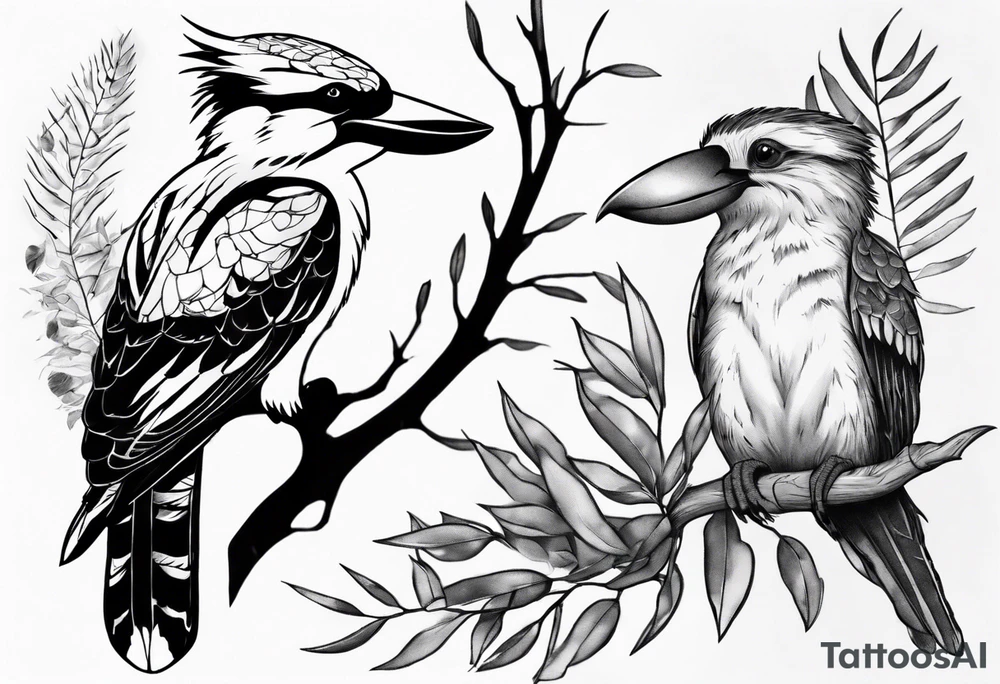 Kookaburra sitting with a koala sitting on wattle and eucalyptus leaves tattoo idea