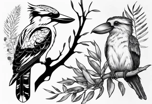 Kookaburra sitting with a koala sitting on wattle and eucalyptus leaves tattoo idea