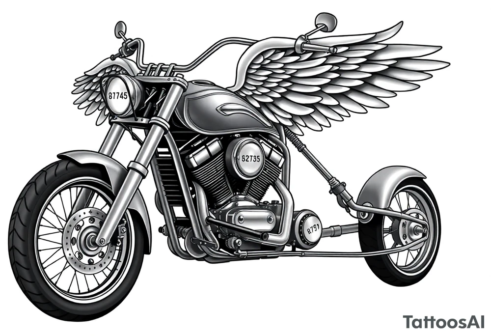 Low rider grey motorcycle, big muffler pipes with flames, angel wings, driving away, no person tattoo idea